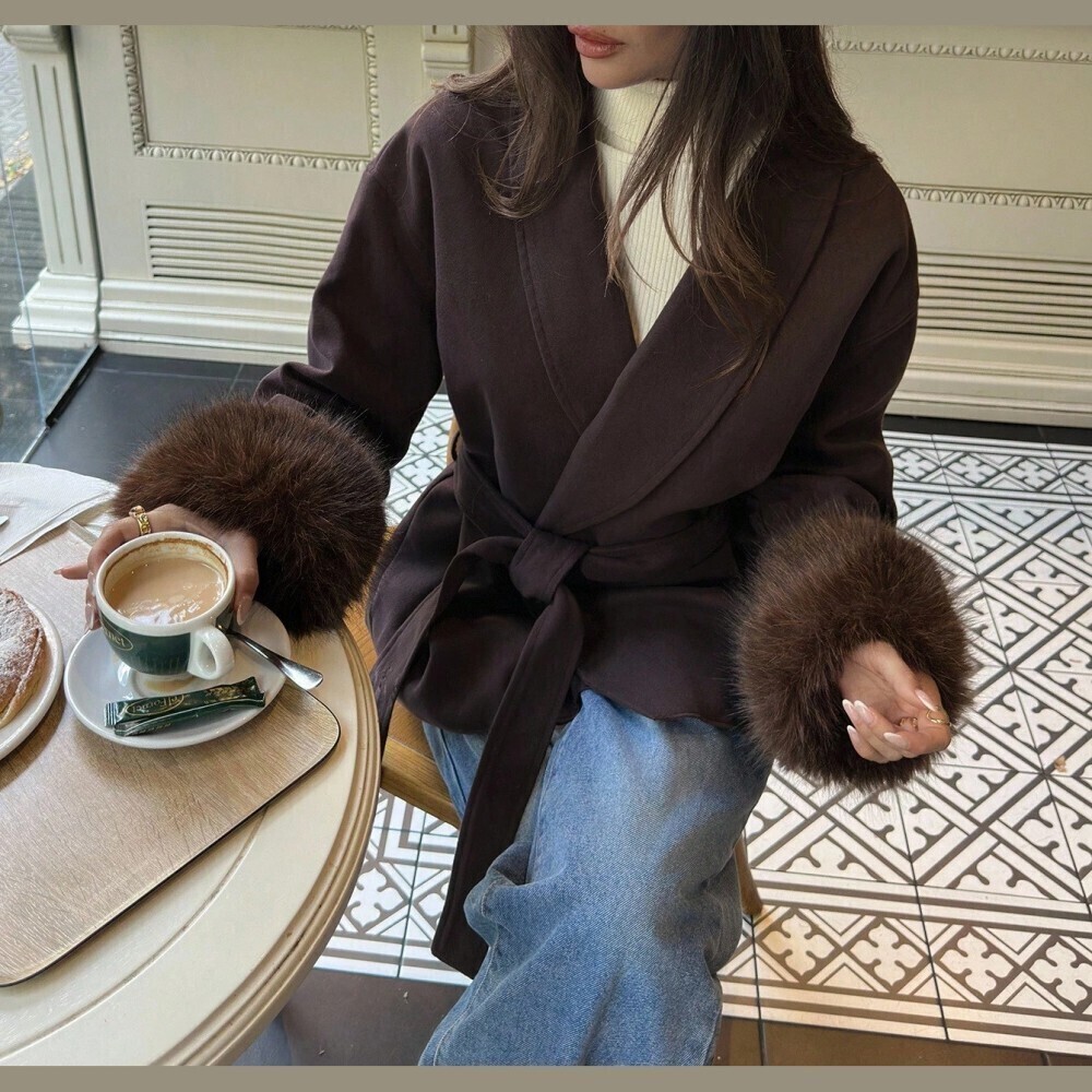 Dark Brown Faux Fur Cuff Belted Wrap Pea Coat with Shawl Collar